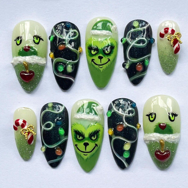 Festive Grinch-Themed Press-On Nail Art Set Kalsten