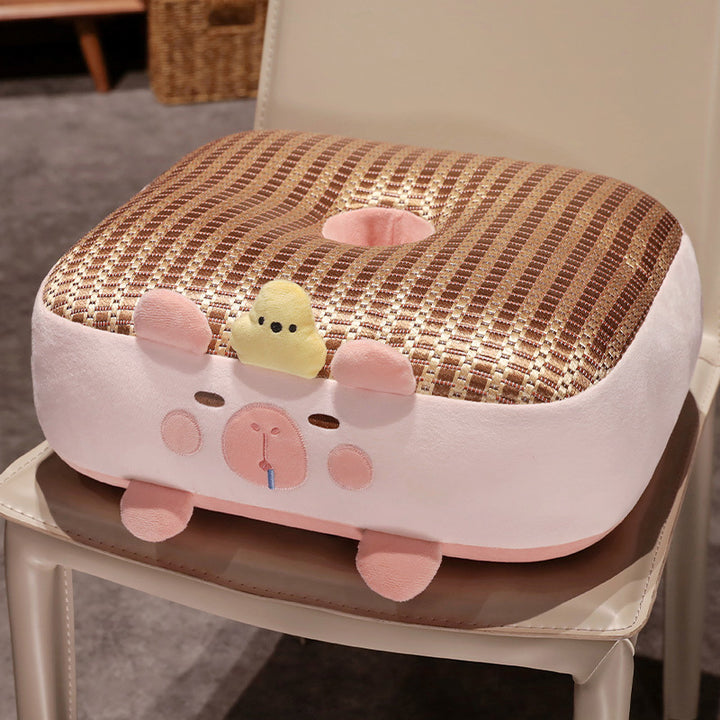 Ergonomic padded seat cushion with center hole, memory effect, and cute pig plush cover