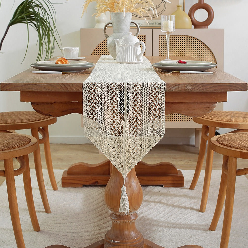 Handwoven Cotton Crochet Table Runner with Diamond Lace Pattern and Tassel Point