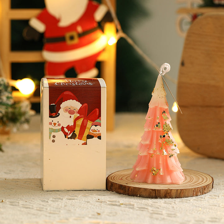 Festive Layered Pine-Needle Textured Decorative Tabletop Wax Tree Candle
