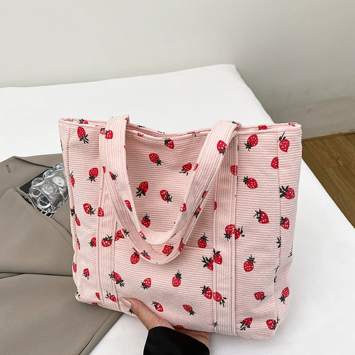 Playful Strawberry Print Corduroy Tote Bag Kalsten