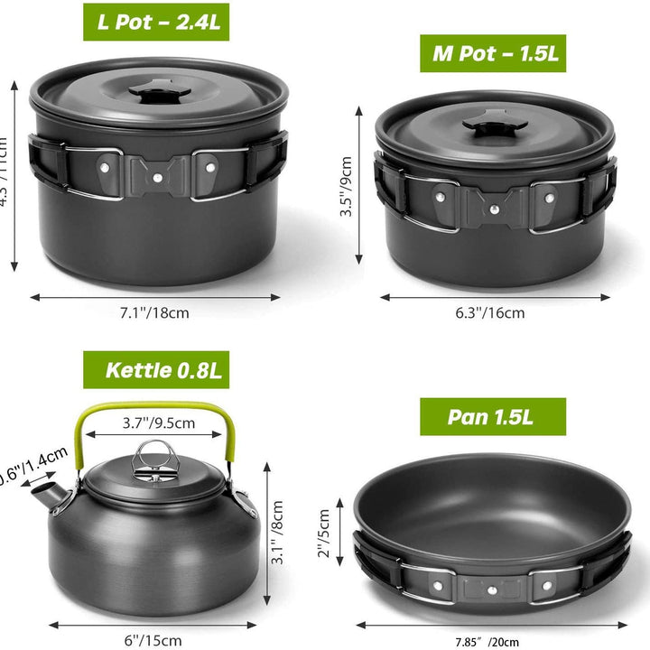 compact nesting anodized aluminum camping cookware kit with kettle nonstick pots frying pan foldable wash basin stainless steel plates cups Kalsten