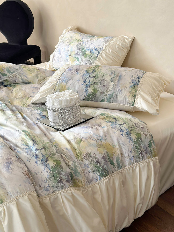 Luxurious satin bedding set with ruffles and watercolor floral pattern