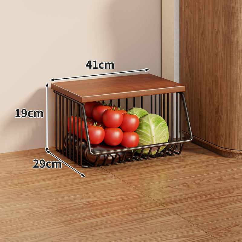 Compact Triple-Tier Rolling Wire Vegetable and Fruit Storage Cart with Wooden Top