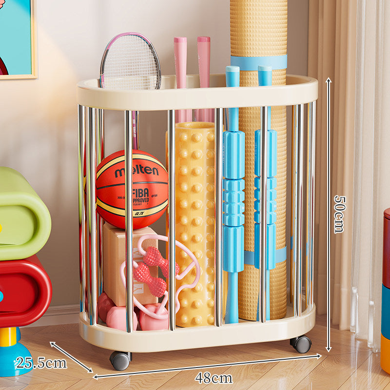 Vertical Rolling Sports Gear Storage Organizer with Cylindrical Metal Bar Frame and Casters