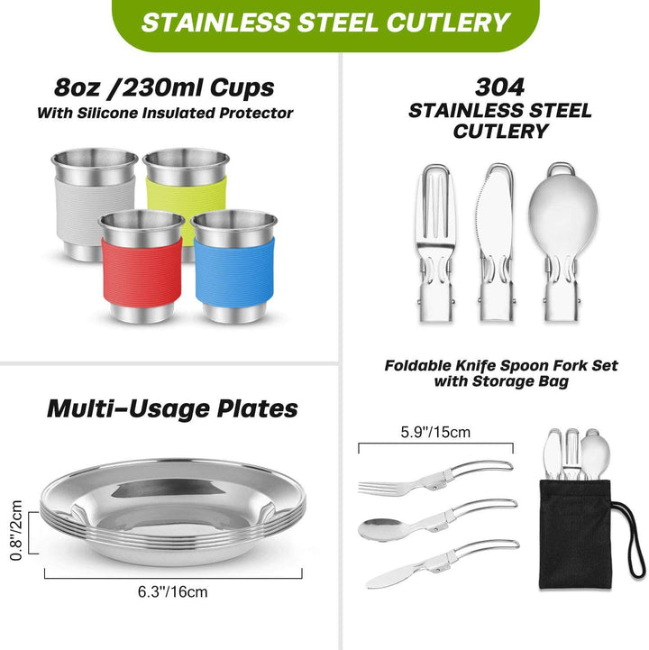 compact nesting anodized aluminum camping cookware kit with kettle nonstick pots frying pan foldable wash basin stainless steel plates cups Kalsten