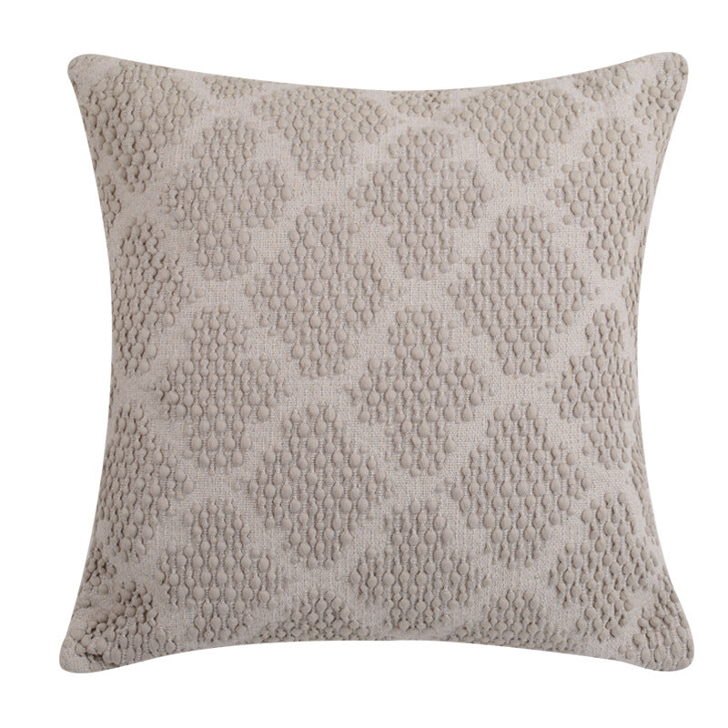 Decorative square cushion cover made of cotton-linen with tufted stripes and bouclé accents