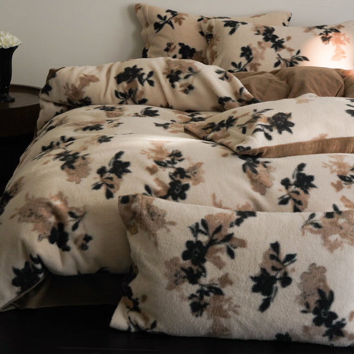 Cozy microfiber fleece bed set with floral velour texture