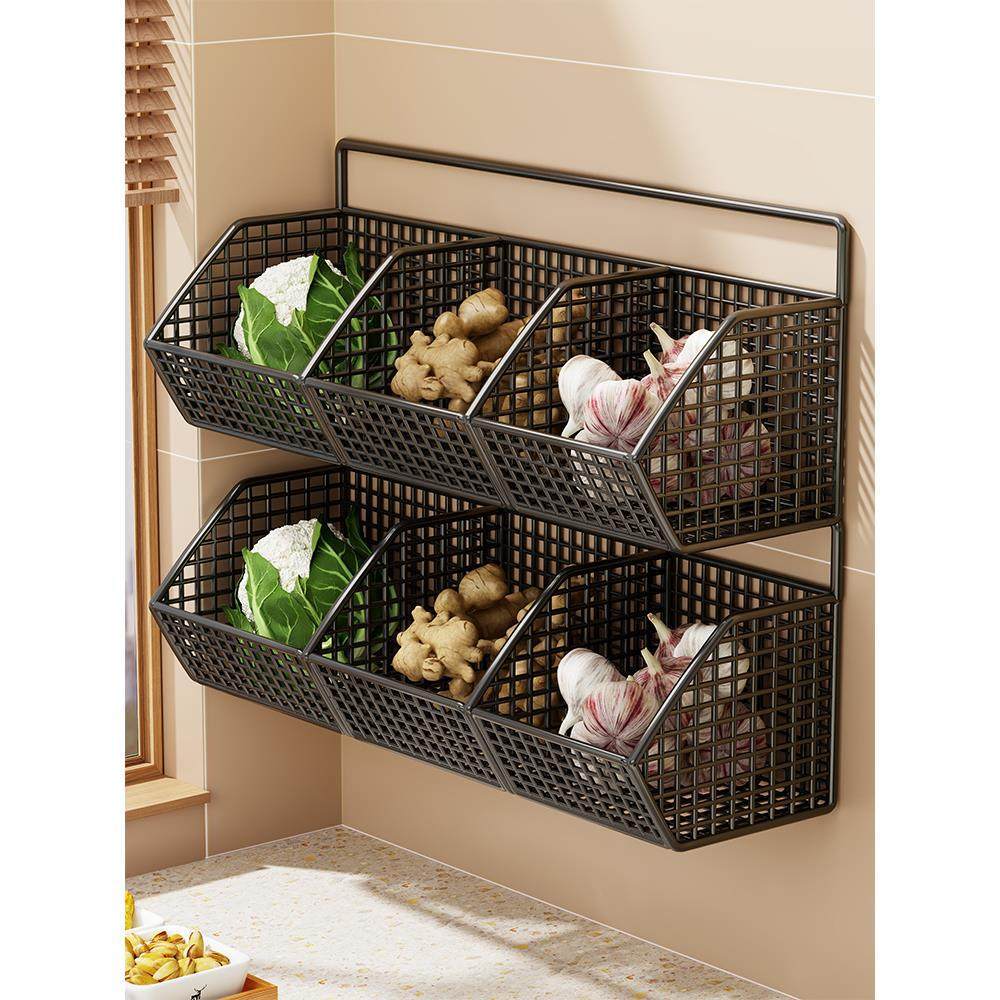 Wall-Mounted Dual-Tier Ventilated Kitchen Produce Storage Basket