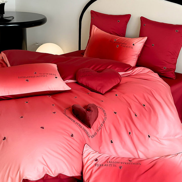 Cotton percale duvet cover set with 3D heart appliqué, ombre design and decorative heart pillow