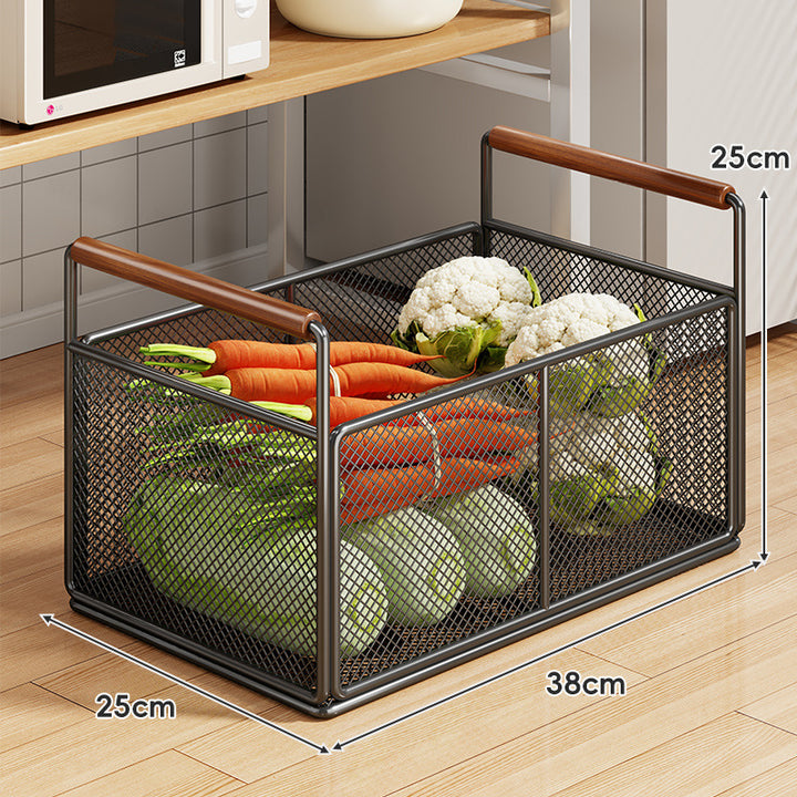 Rolling Mesh Kitchen Storage Cart with Wooden Handles