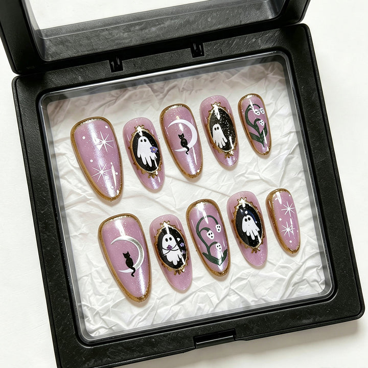 Halloween-Themed Ghost and Cat Press-On Nail Art Set Kalsten