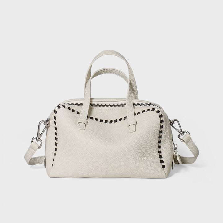 Pebbled Leather Top-Handle Crossbody Satchel with Whipstitch Trim