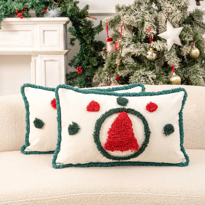 Christmas Lumbar Decorative Throw Pillow Set with Tufted Holiday Ornament and Pom Accent