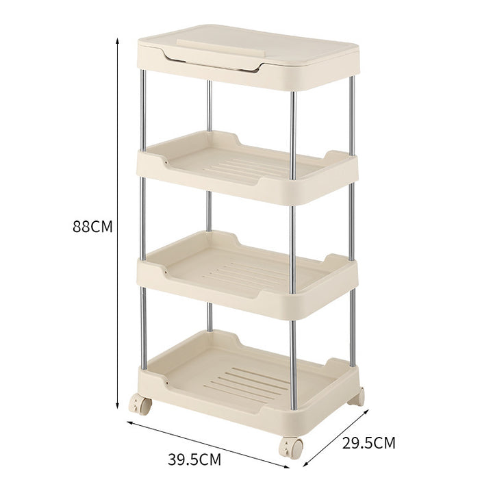 Three-tier rolling storage cart made of plastic with removable inserts and wheels