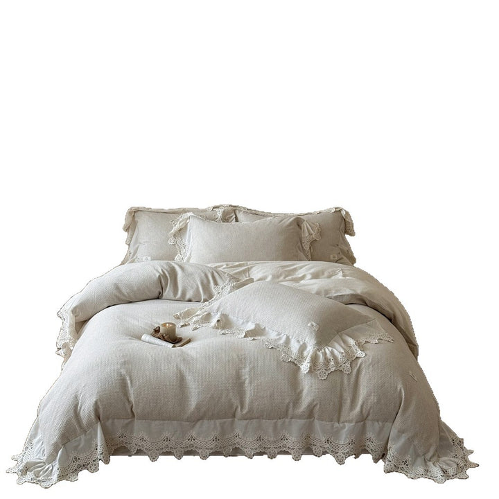 Romantic cotton-linen bedding set with crocheted lace trim and ruffle
