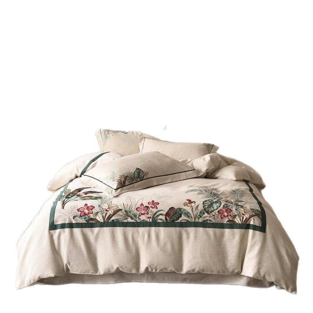 Bedding set with exotic landscape print and cotton-linen blend