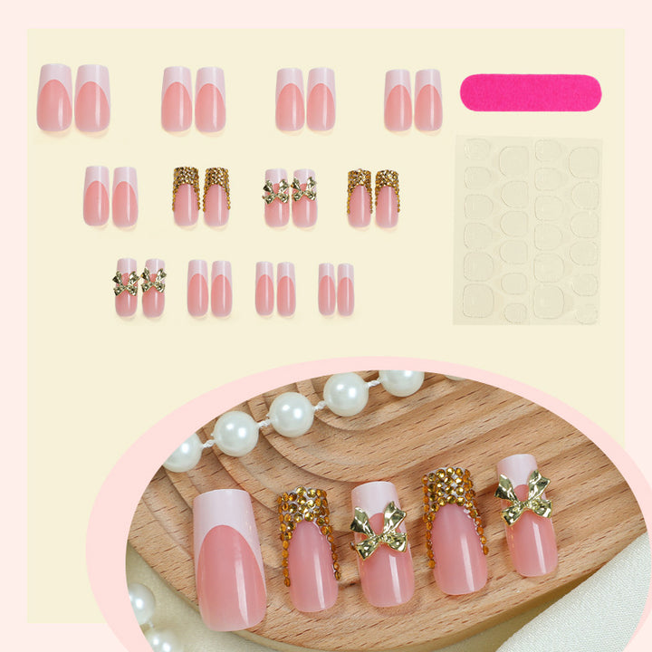 Decorative Press-On Nail Art Set with Elegant Bow and Gem Accents kalsten