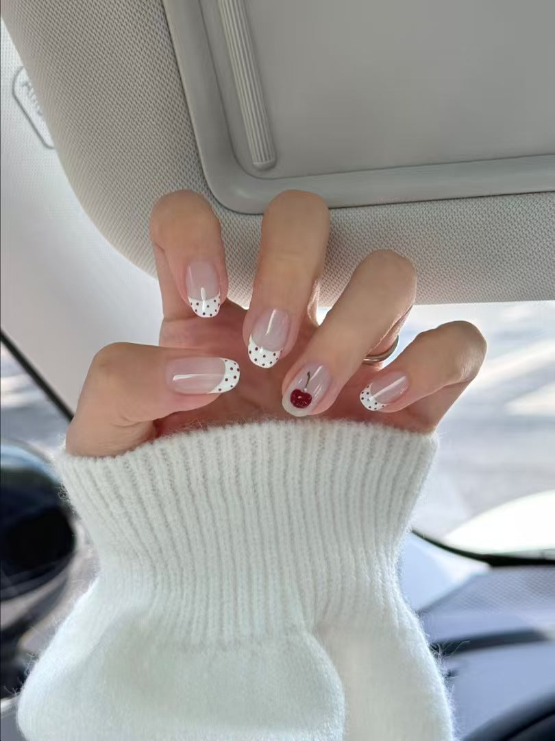 Chic French Tip Press-On Nail Art Set with Dot and Heart Accents