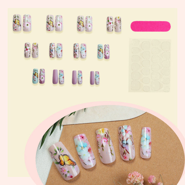 Artificial nail set with floral motifs and butterfly design Kalsten