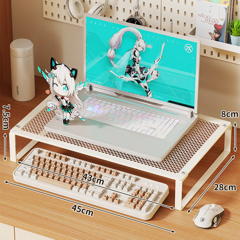Mesh Metal Elevated Laptop and Monitor Stand with Ventilated Surface and Under-Keyboard Storage