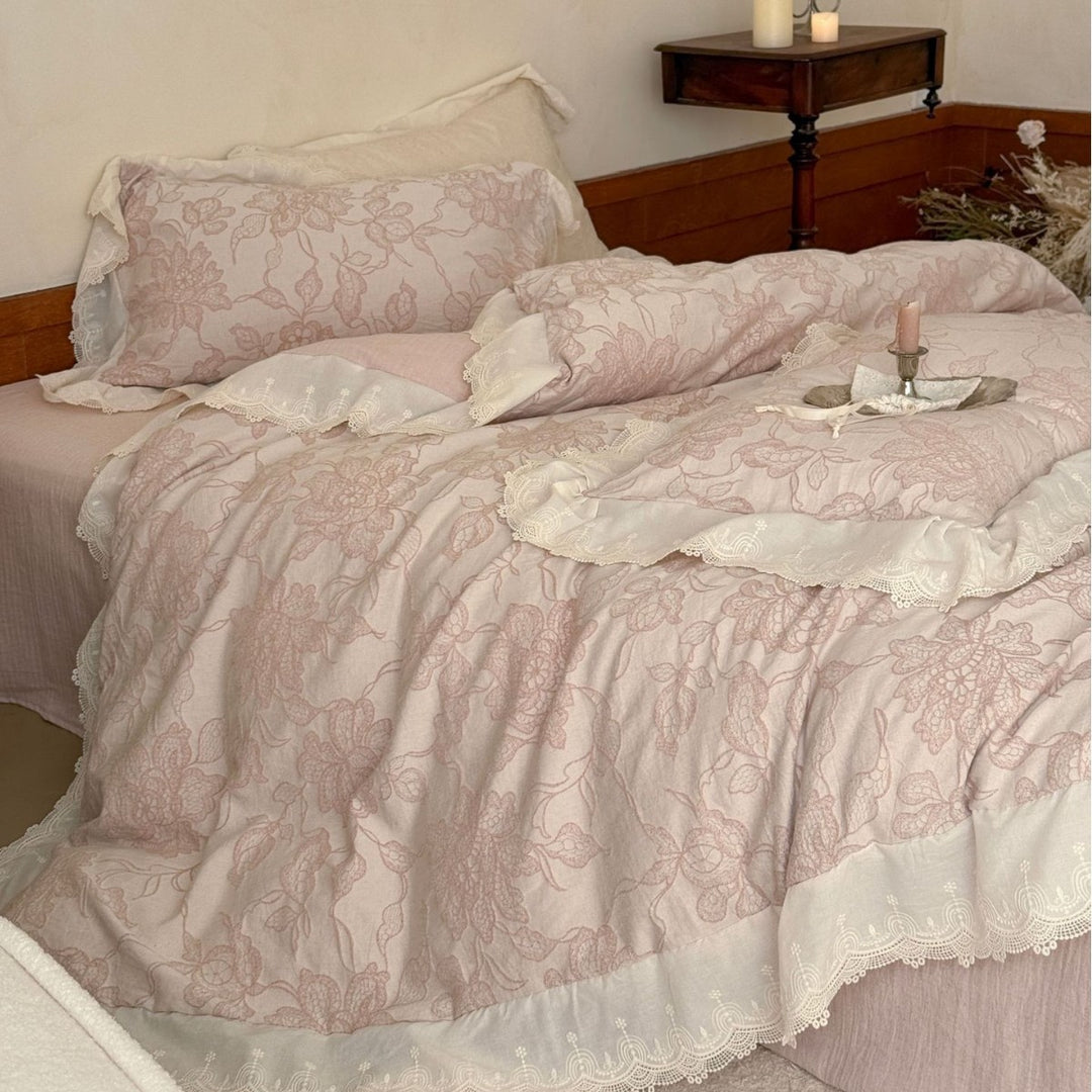 Luxurious jacquard bedding with lace trim and ruffle