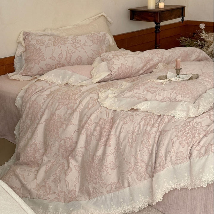 Luxurious jacquard bedding with lace trim and ruffle