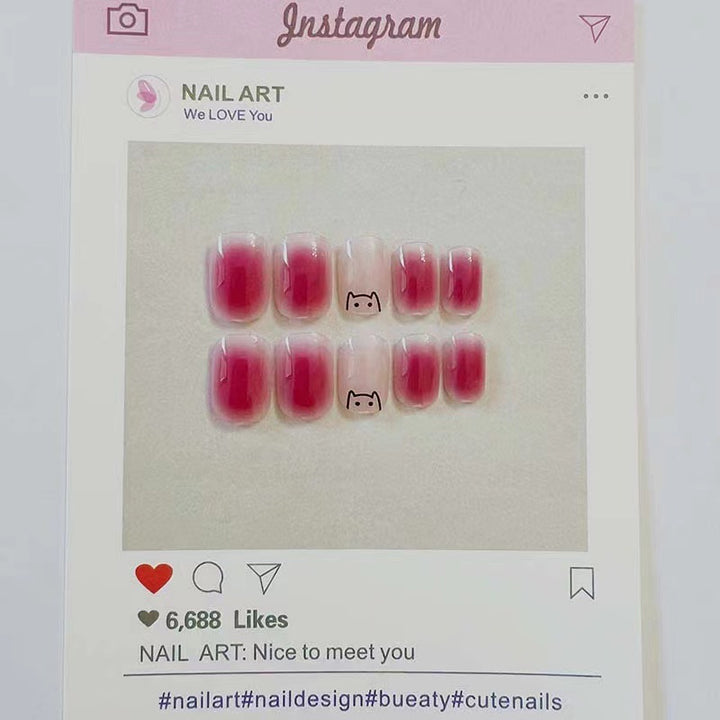 Artificial nails with elegant ombre effect and playful cat design Kalsten