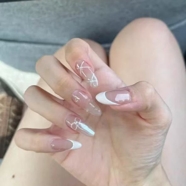 Artistic Press-On Nail Set with Bow and Geometric Design