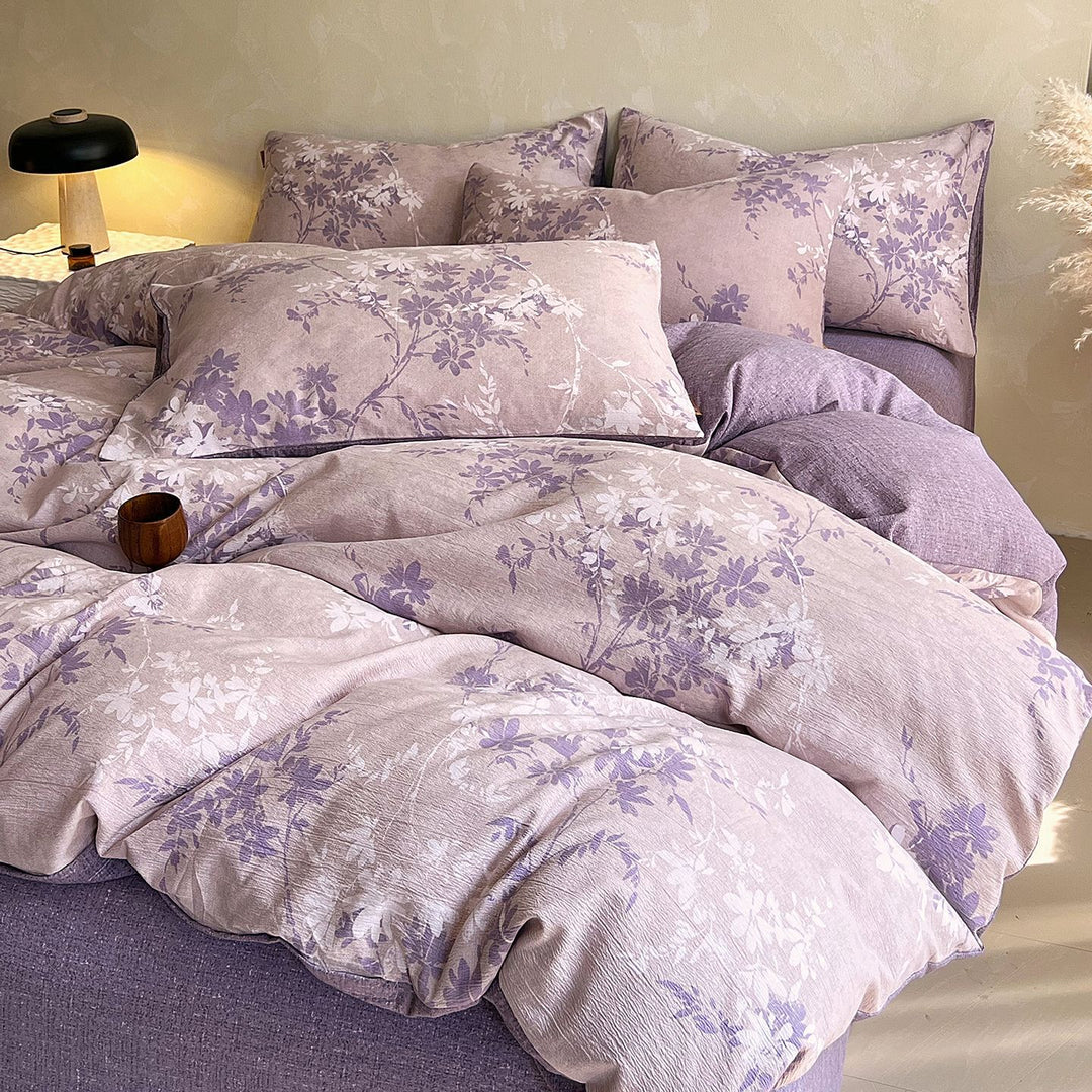 Floral Butterfly Duvet Cover Set With Brushed Cotton‑Blend Linen Texture And Corner Tie Pillowcase Ensemble