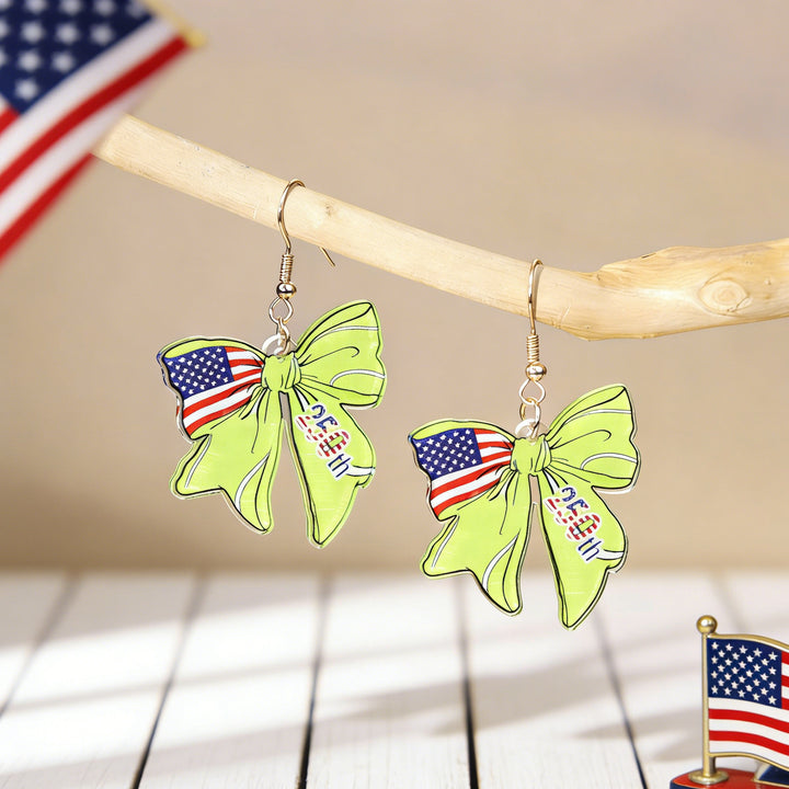 Women's nan patriotic bow dangle acrylic earrings with gold plated hooks and lightweight charm Kalsten