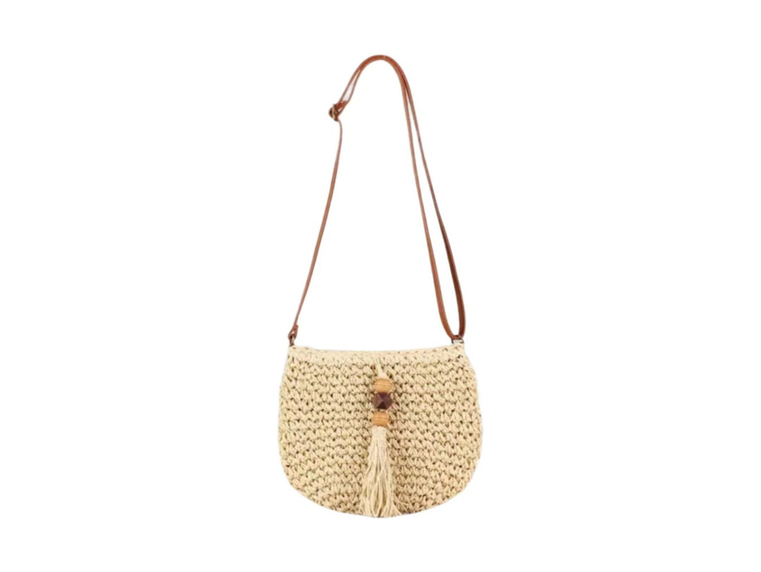 Handwoven shoulder bag with tassels and wooden details Kalsten