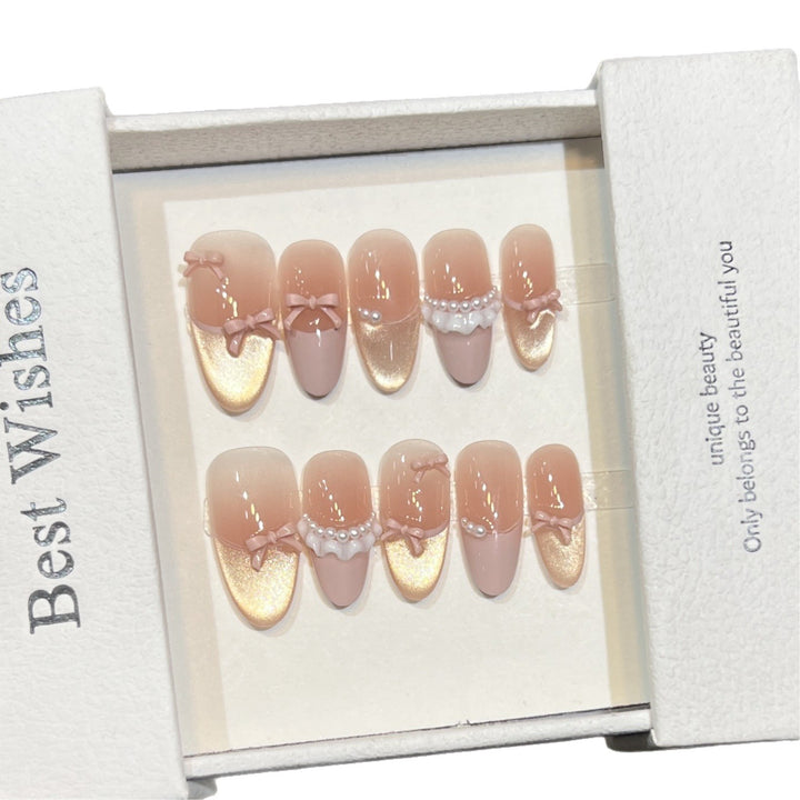 Elegant Press-On Nail Art Set with Pearl and Bow Accents Kalsten