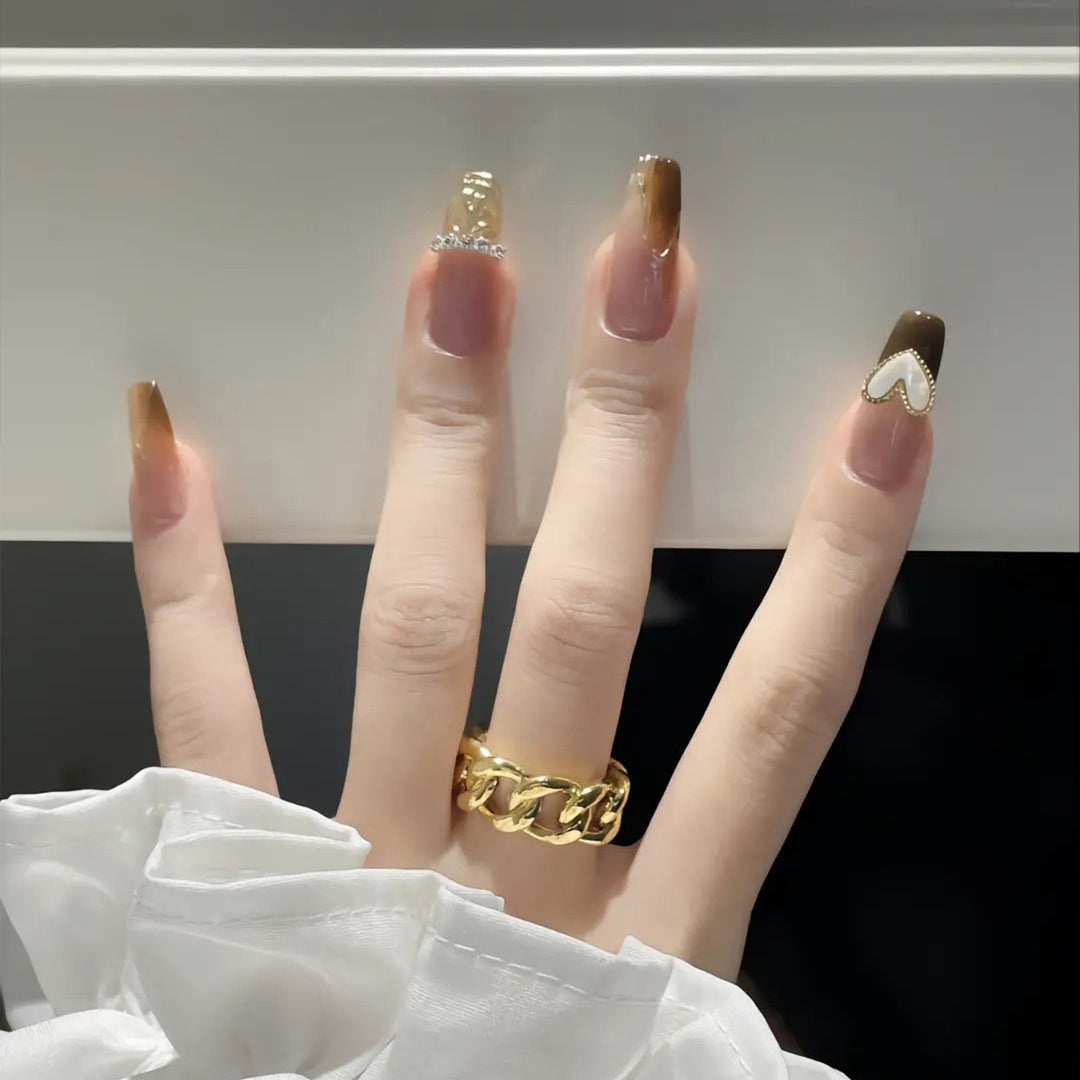 Elegant Press-On Nail Set with Heart and Rhinestone Accents