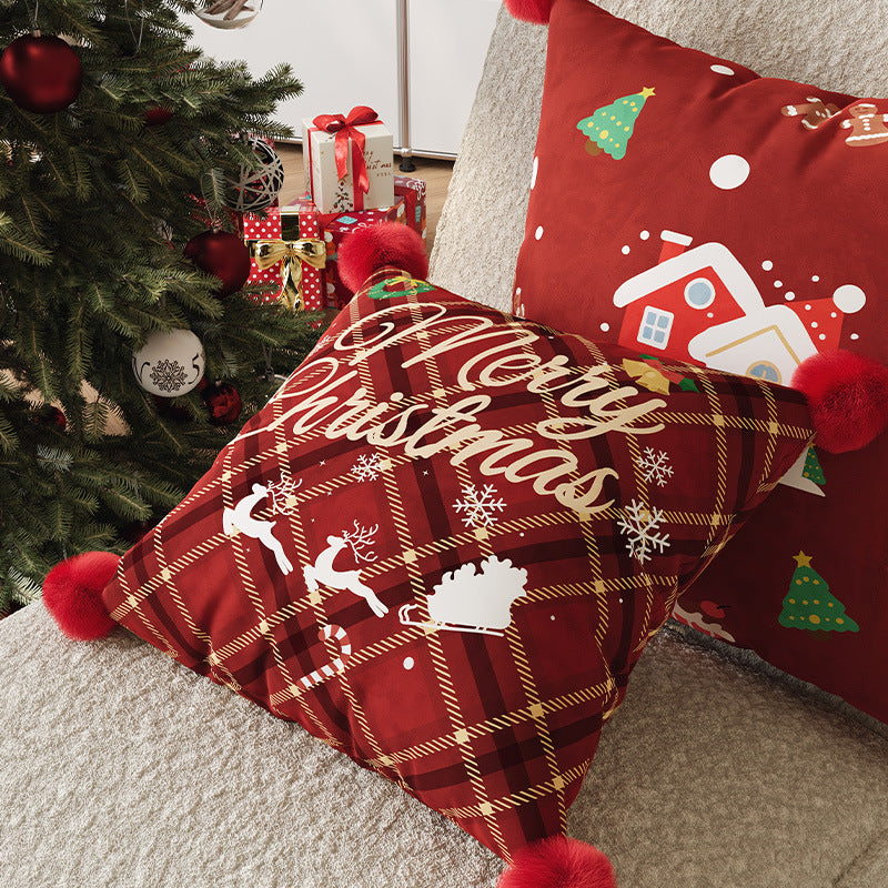 Festive Plaid Pom-Pom Corner Decorative Christmas Throw Pillow Cover