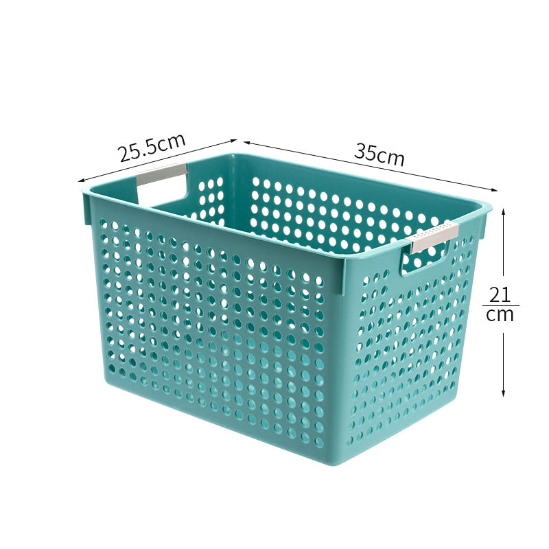 Flat plastic storage box with perforated side wall and grip recesses