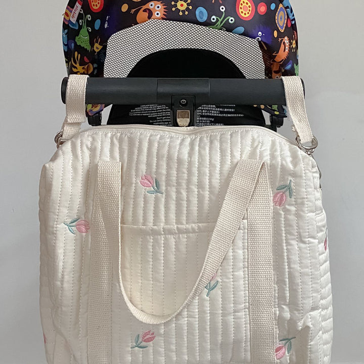 Quilted Baby Diaper Backpack Bag with Embroidered Plush Bear Accents