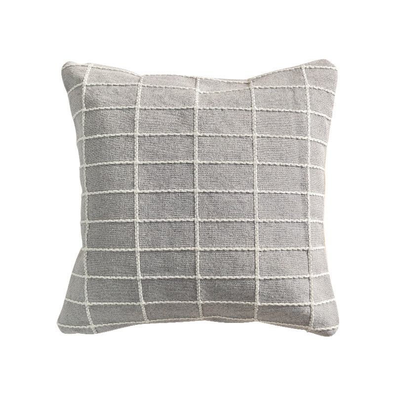 Woven decorative cushion cover made of cotton-linen with raised checkered pattern and concealed zipper