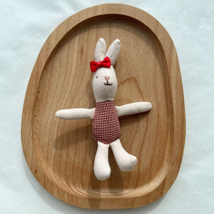 Miniature Linen Rabbit Comforter Plush with Gingham Pocket Dress and Ribbon Bow