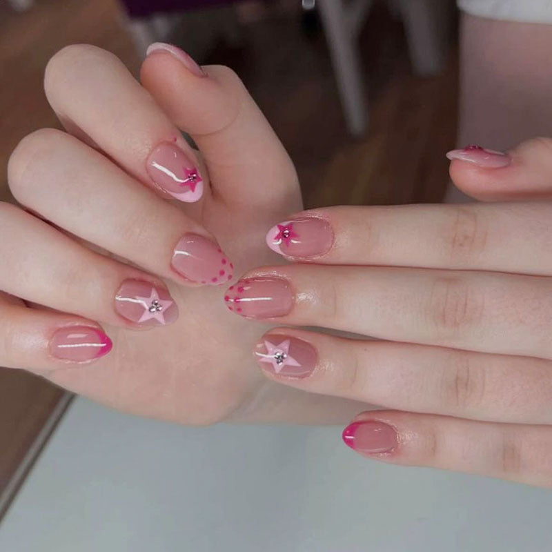 Decorative Artistic Press-On Nails with Star and Polka Dot Design