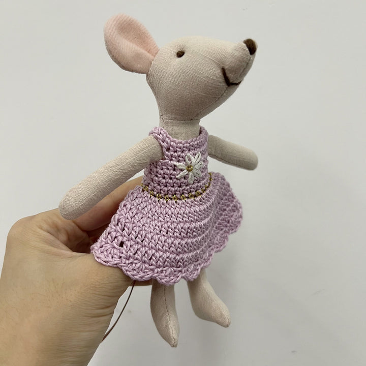 Handcrafted Cotton Plush Mouse Doll with Crochet Dress