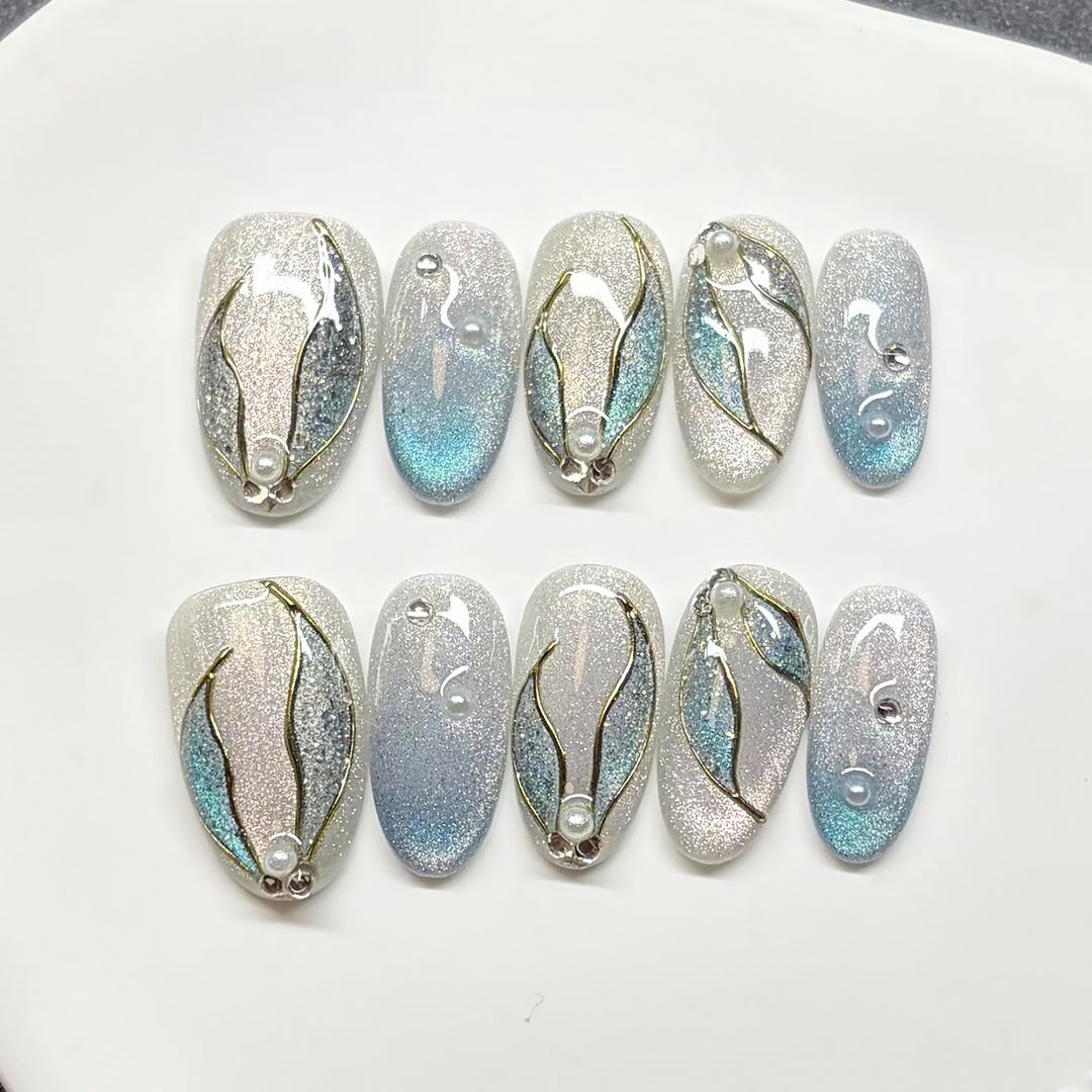 Elegant Decorative Press-On Nail Art Set with Pearl and Leaf Accents Kalsten