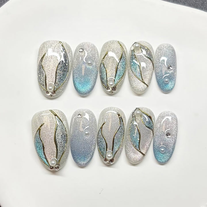 Elegant Decorative Press-On Nail Art Set with Pearl and Leaf Accents Kalsten