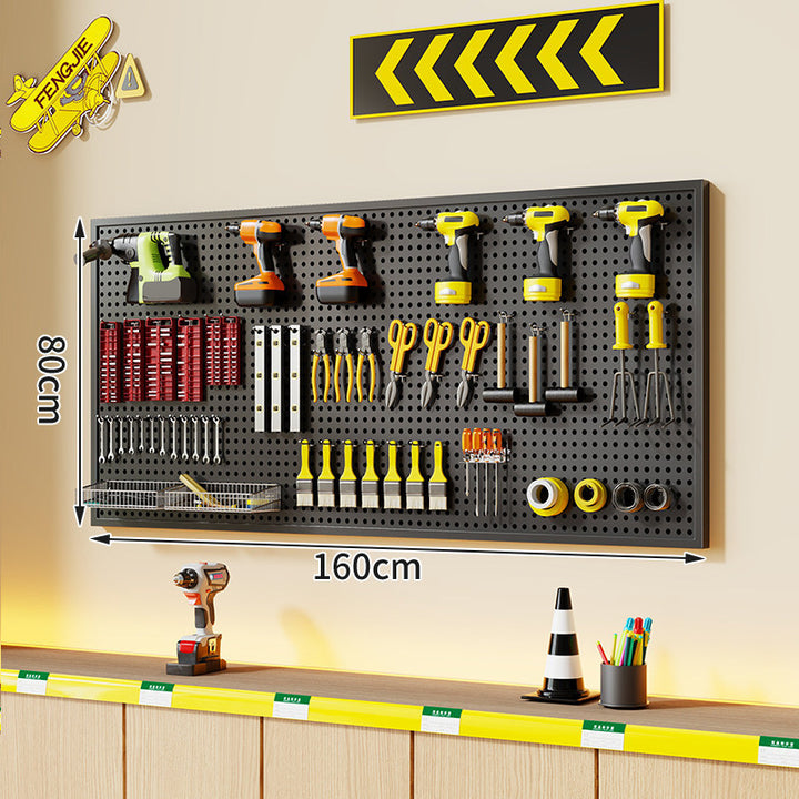 Wall-Mounted Perforated Metal Tool Pegboard Organizer with Magnetic Strip and Multi Hooks