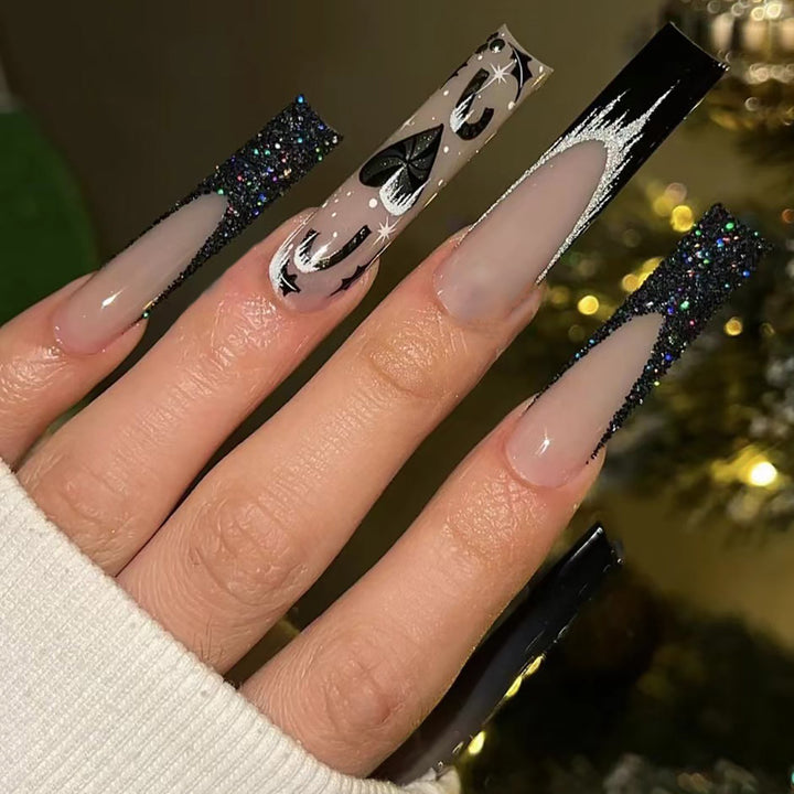 Artistic Long Stiletto Press-On Nail Set with Glitter and Graphic Design Kalsten