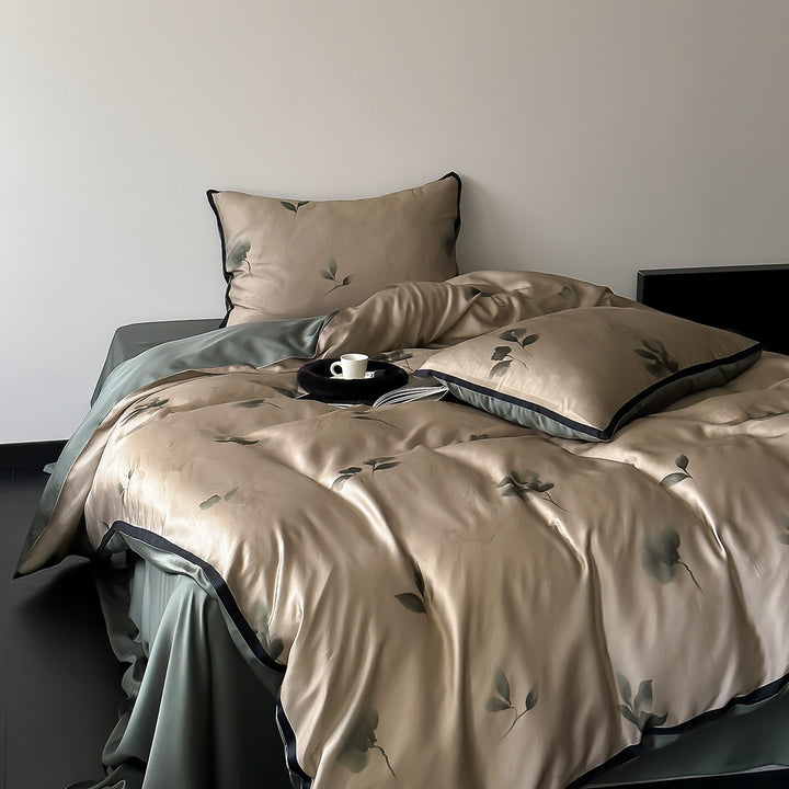 Luxury satin bedding set with floral print and elegant pillowcases