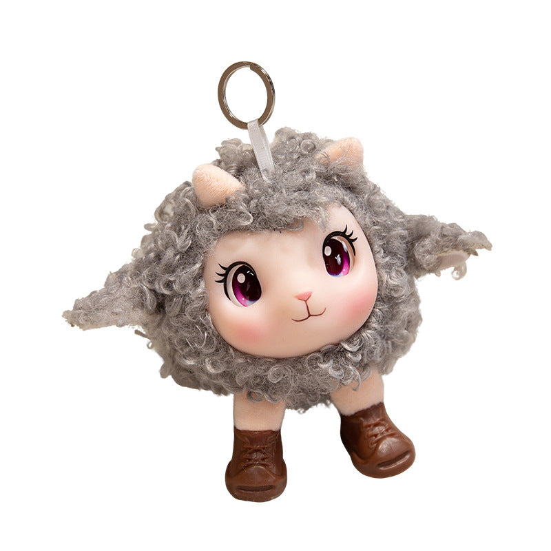 Plush Ram Keychain Charm with Curly Faux-Fur, Sculpted Face, Bell Necklace and Metal Ring Kalsten