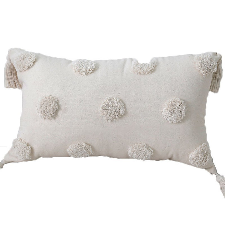 Bohemian Tufted Cotton Lumbar Throw Pillow with Clustered Fringe Texture and Corner Tassels