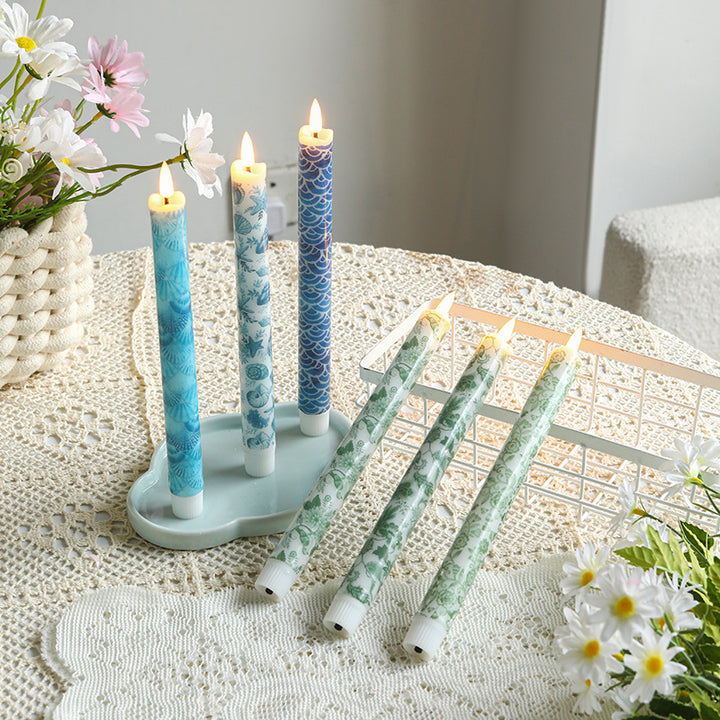 Ceramic Triple Taper Candle Holder with Patterned Taper Candles