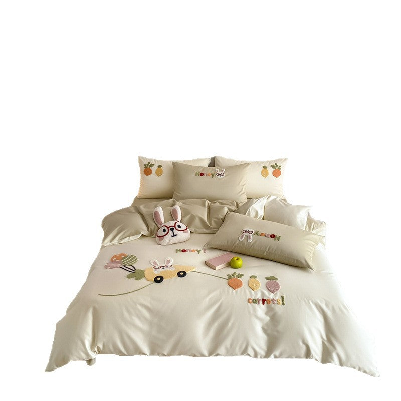 Children's bedding set made of cotton satin with embroidered rabbit and vegetable appliqués
